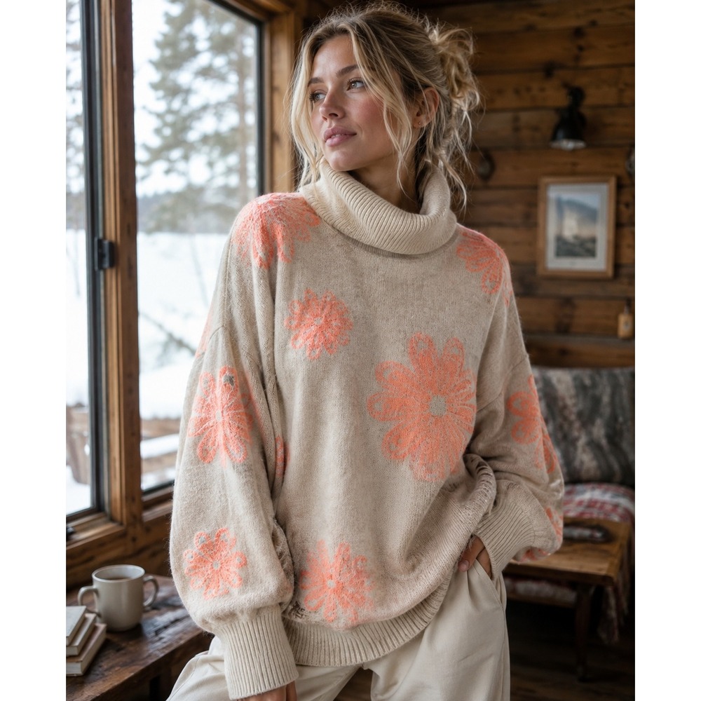 Free People 100% Cashmere Daisy chain Turtleneck Sweater Beige Coral  Oversized